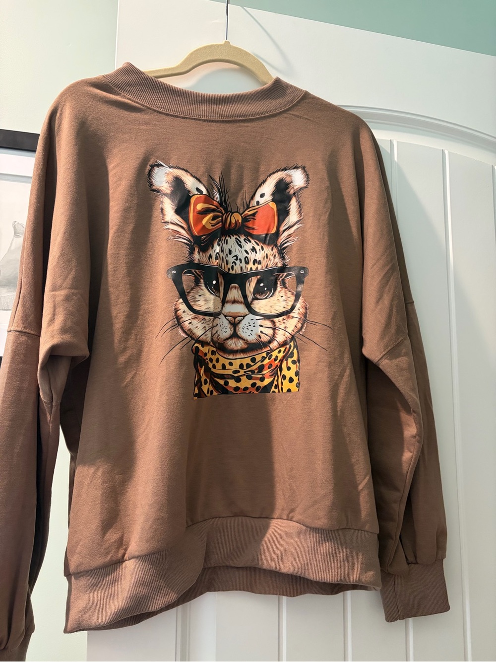 Brown Crewneck Sweatshirt with Cat Graphic and Glasses
